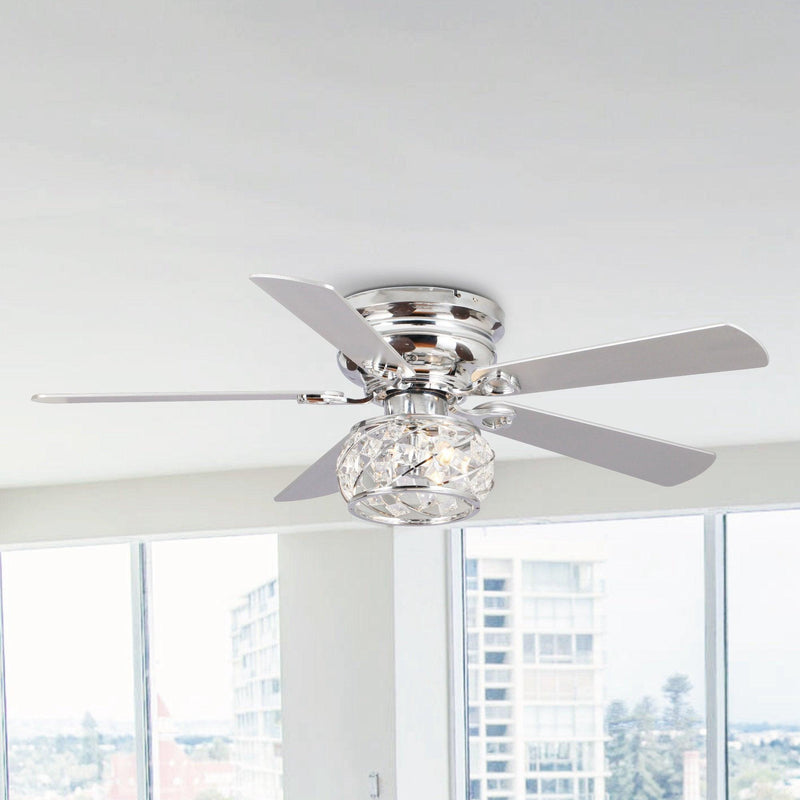 48" Modern Chrome Flush Mount Reversible Crystal Ceiling Fan with Lighting and Remote Control