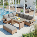 5-Piece Outdoor Patio Rattan Sofa Set, Sectional PE Wicker L-Shaped Garden Furniture Set with 2 Extendable Side Tables, Dining Table and Washable Covers for Backyard, Poolside, Indoor, Brown