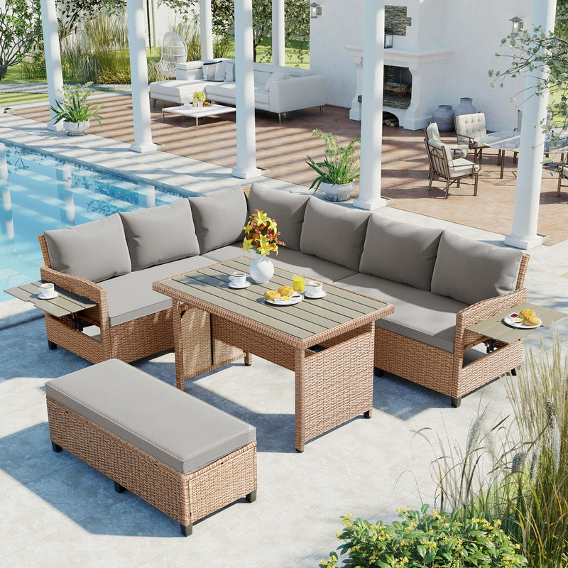 5-Piece Outdoor Patio Rattan Sofa Set, Sectional PE Wicker L-Shaped Garden Furniture Set with 2 Extendable Side Tables, Dining Table and Washable Covers for Backyard, Poolside, Indoor, Brown
