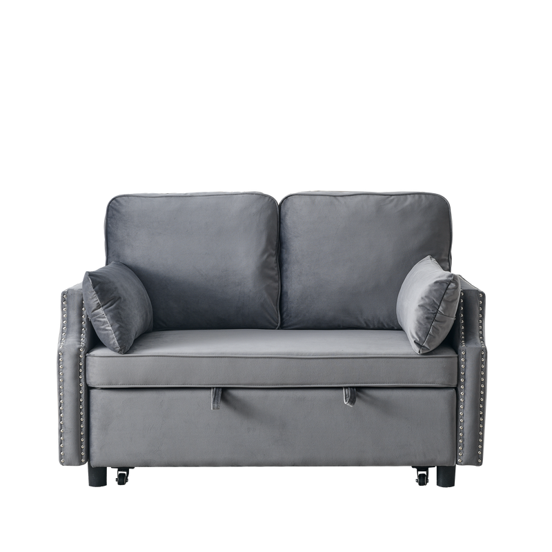 50" Velvet Upholstered Sleeper Sofa bed with Side Storage Pockets, Nailhead Design, 2-Seater Sofa with 2 Pillows and removeable Backrest Pull-out Sofa Bed for Small Spaces in Living Rooms
