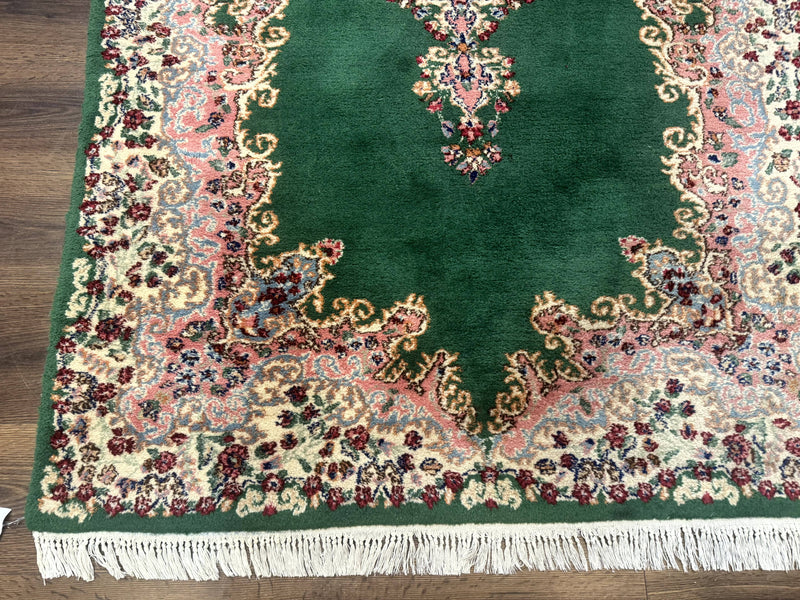 Green Persian Kerman Rug 4x6, Semi Open Field, Green & Cream, Vintage