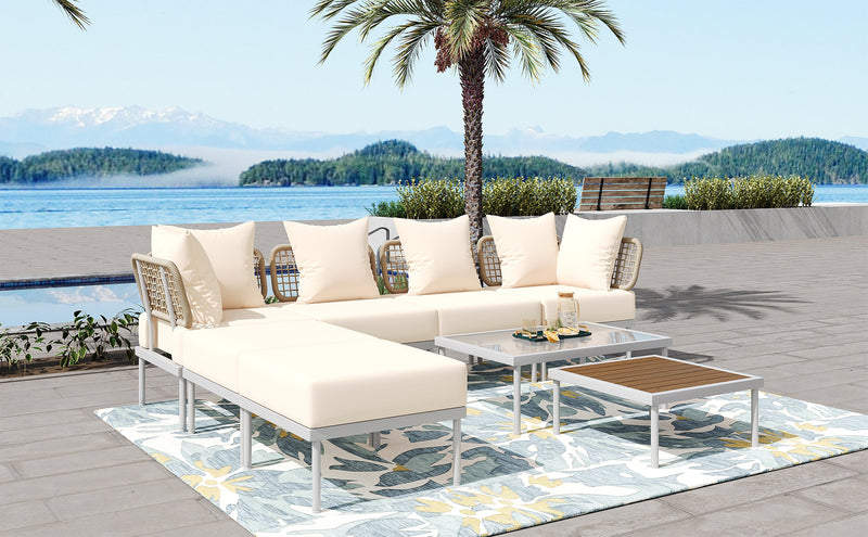 Walker Edison - 8-Piece Patio Sectional Sofa Set with Tempered Glass Coffee Table and Wooden Coffee Table for Outdoor Oasis, Garden, Patio and Poolside (Beige Cushion + White Steel)