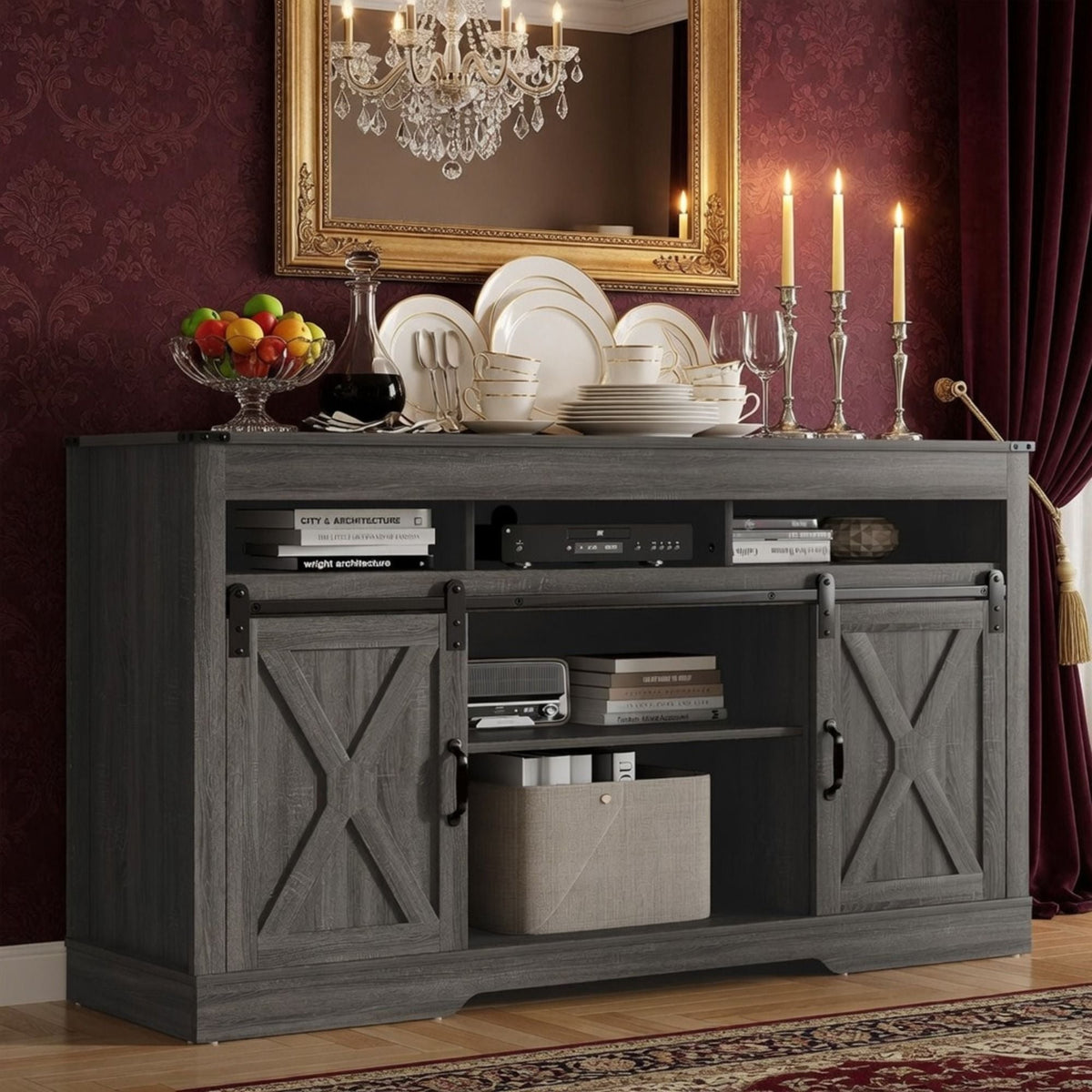 Farmhouse TV Stand With Sliding Barn Doors & Adjustable Storage, photo 20 of 40