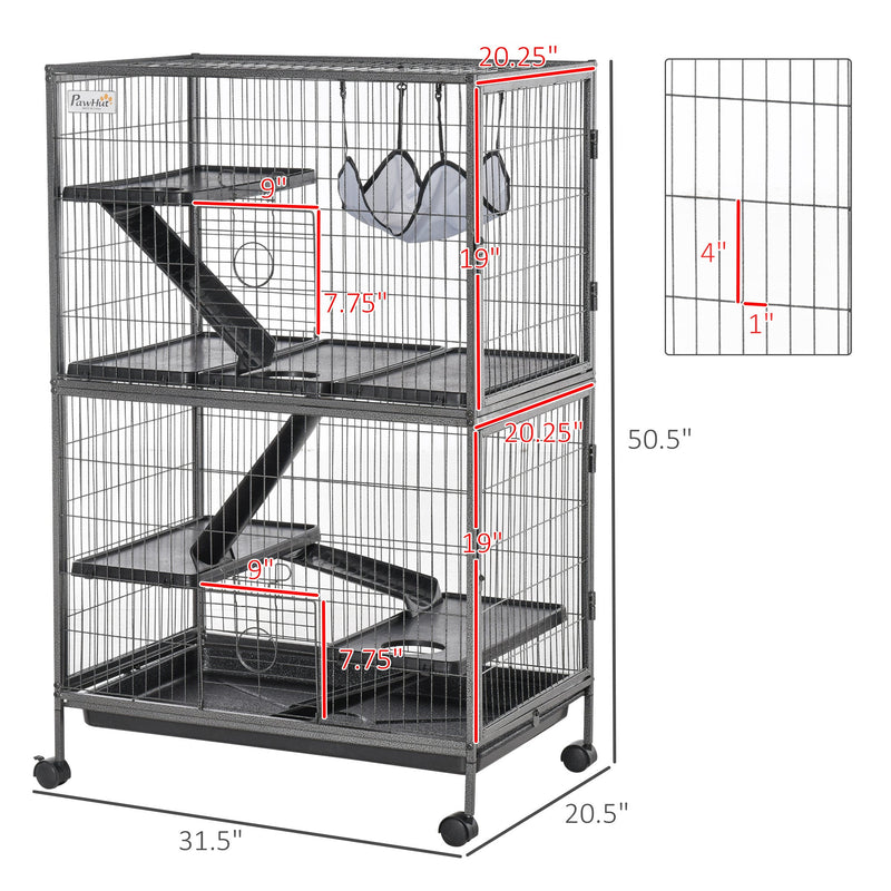 50" H 5-Tier Small Animal Cage, Ferret Cage, Large Chinchilla Cage with Hammock Accessory Heavy-Duty Steel Wire, Small Animal Habitat with 4 Doors, Removable Tray, Silver
