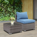 2 Pieces Patio Armless Blue Brown Single Rattan Wicker Sofa Couches Furniture With End Side Table Outdoor