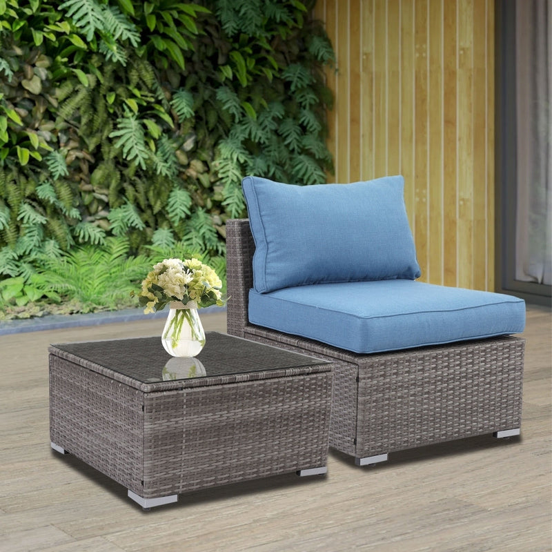 2 Pieces Patio Armless Blue Brown Single Rattan Wicker Sofa Couches Furniture With End Side Table Outdoor