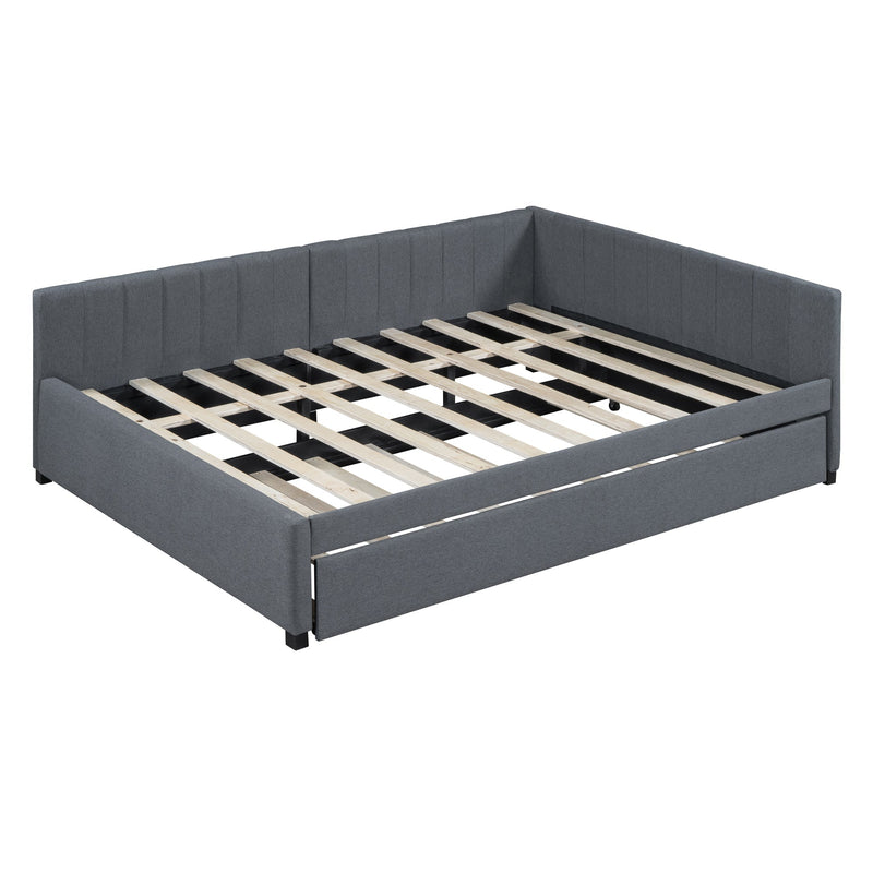 Full Size Upholstered Daybed with Trundle Sofa Bed Frame No Box Spring Needed, Linen Fabric(Gray)