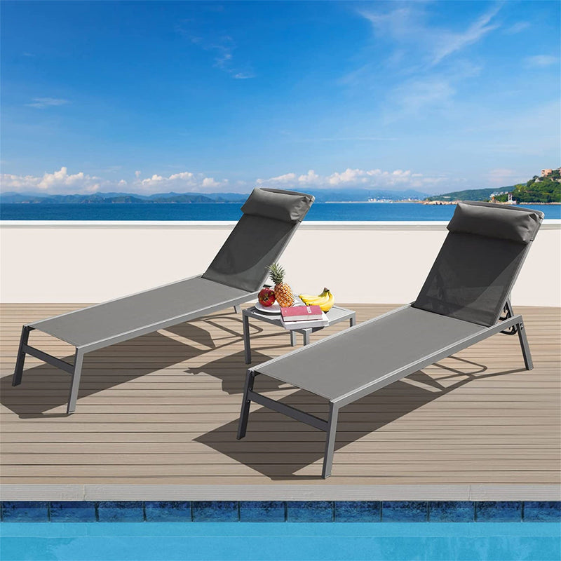 Patio Chaise Lounge Set, 3 Pieces Aluminum Adjustable Pool Lounge Chairs Textilene Sunbathing Recliner with Headrest (Grey, 2 Lounge Chairs +1 Table)
