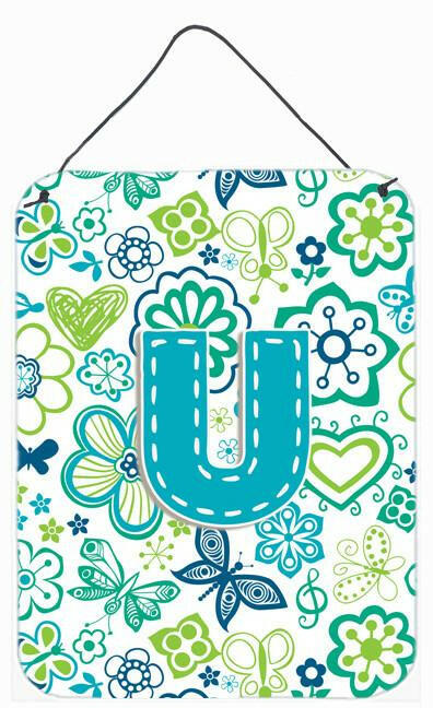 Letter U Flowers and Butterflies Teal Blue Wall or Door Hanging Prints CJ2006-UDS1216