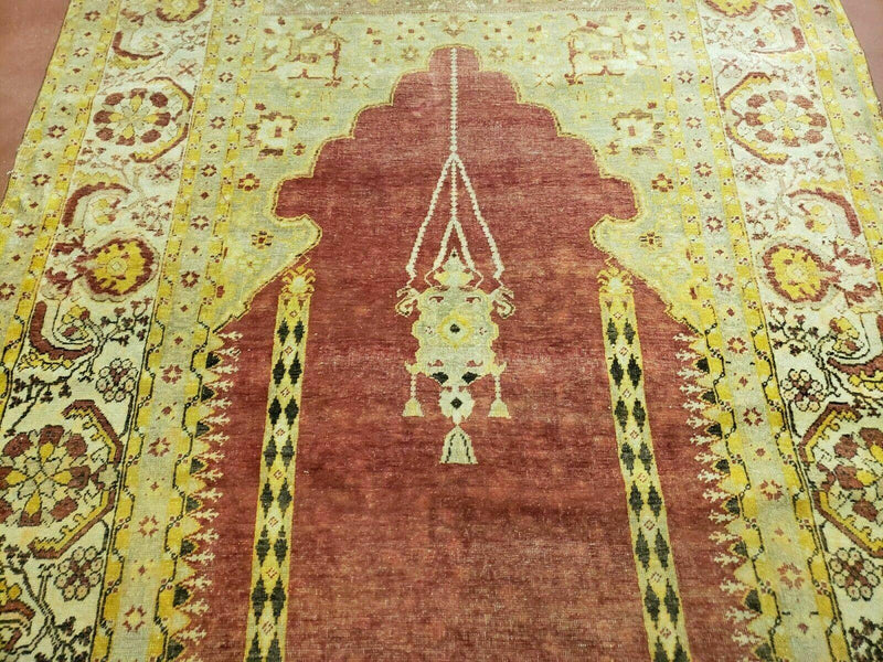 4' 5" X 7' Antique HandmadeTurkish Prayer Melas Oushak Wool Rug Mehrab Nice