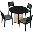 5-Piece Rattan Round Dining Table Set, Wood Table with Hexagonal Base and Upholstered Chairs for Dining Room, Kitchen,Indoor Use, Black+Gray