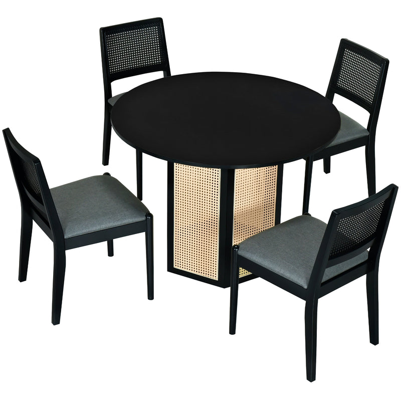 5-Piece Rattan Round Dining Table Set, Wood Table with Hexagonal Base and Upholstered Chairs for Dining Room, Kitchen,Indoor Use, Black+Gray