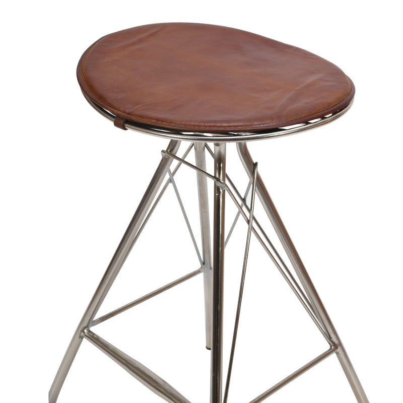 30 Inch Metal Frame Bar Stool, Round Genuine Leather Seat, Dark Brown, Silver