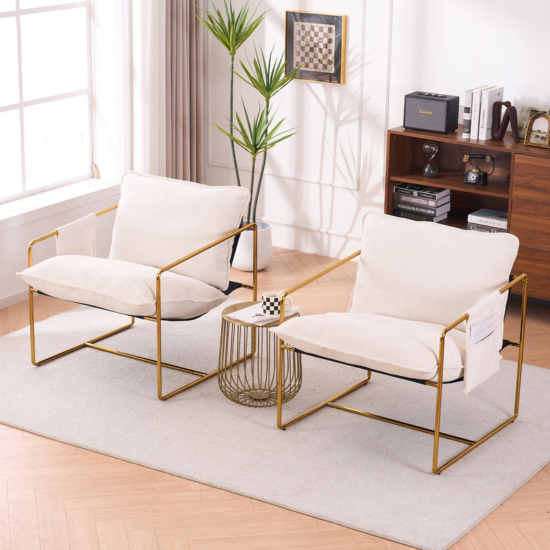 2 Sets 1 Case, Upholstered Hanging Armchair with Arm PocketsMetal frame, gold-plated craftsmanship, crushed foam cushions and skin-friendly woven fabric for living room and bedroom. Beige