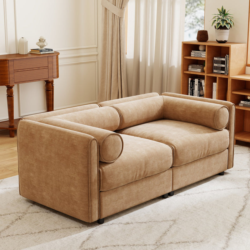 Stylish Camel Chenille 2-Seater Sofa with Storage Seat and Cylindrical Backrest