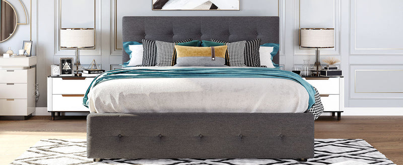 Upholstered Platform Bed with 2 Drawers and 1 Twin XL Trundle, Linen Fabric, Queen Size - Dark Gray