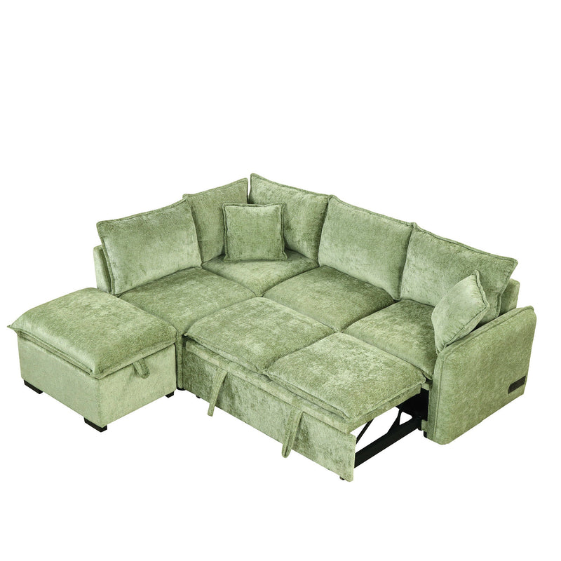 82.67"Convertible Sofa Bed Sectional Sofa Sleeper L-shaped Sofa with a Storage Ottoman,Two Pillows, Two Power Sockets and Two USB Ports for Living Room, Green