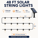 48Ft Solar Powered String Lights Waterproof LED Hanging Edison Bulb Lights with 15 Bulbs