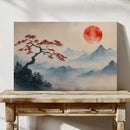 Japanese Landscape Wall Art – Red Sun and Bonsai Mountain Print