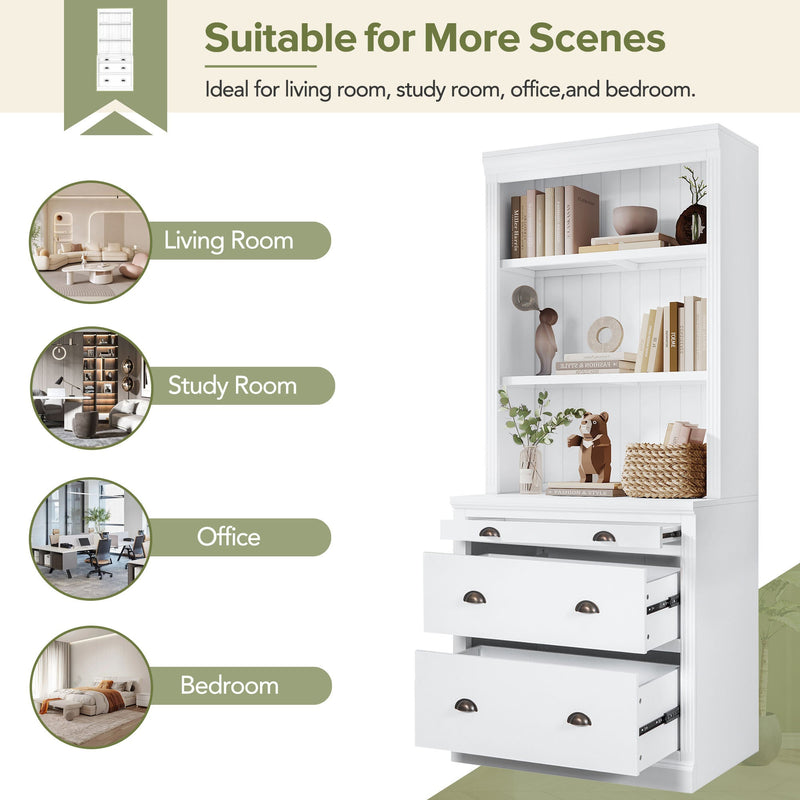 83.4"Tall Bookshelf &Writting Desk Suite,Modern Bookcase Suite with LED Lighting, Drawers,Study Desk and Open Shelves,2-Piece Set Storage Bookshelf for Living Room,Home Office,Study room,White