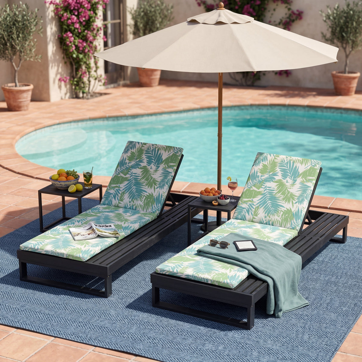 Black Acacia Wood Chaise Lounge with Leaf Coconut Cushion, photo 6 of 10