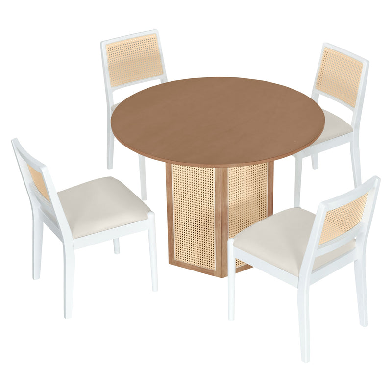 5-Piece Rattan Round Dining Table Set, Wood Table with Hexagonal Base and Upholstered Chairs for Dining Room, Kitchen,Indoor Use, White+Beige