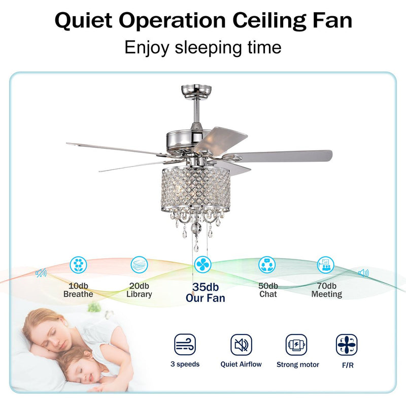 52'' Classical Crystal Ceiling Fan Lamp  3 Speed Hand Pull Chain (High, Mid, Low), 5 Reversible Blades for Living Room, Dining Room, Bedroom, Family Room, Chrome  ,3PCS*E12  (NO Include Bulb )