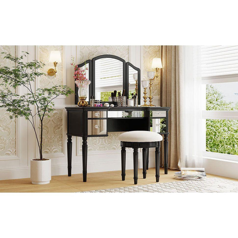 43" Dressing Table Set with Mirrored Drawers and Stool, Tri-fold Mirror, Makeup Vanity Set for Bedroom, Black