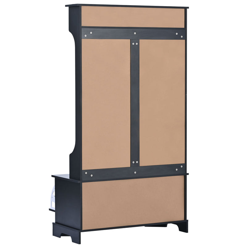 All in One Hall Tree with 3 Top Shelves and 2 Flip Shoe Storage Drawers, Wood Hallway Organizer with Storage Bench and Metal Hanging Hooks, Black