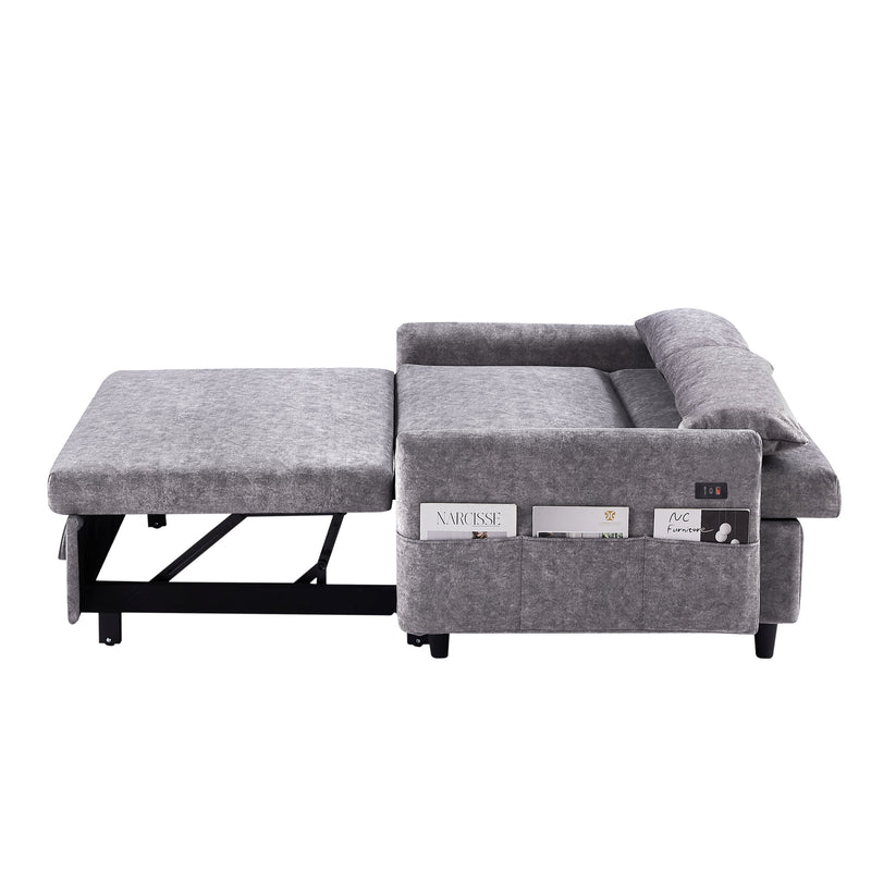 55.1" Pull Out Sleep Sofa Bed Loveseats Sofa Couch with Adjustable Backrest, Storage Pockets, 2 Soft Pillows, USB Ports for Living Room, Bedroom, Apartment, Office,Grey
