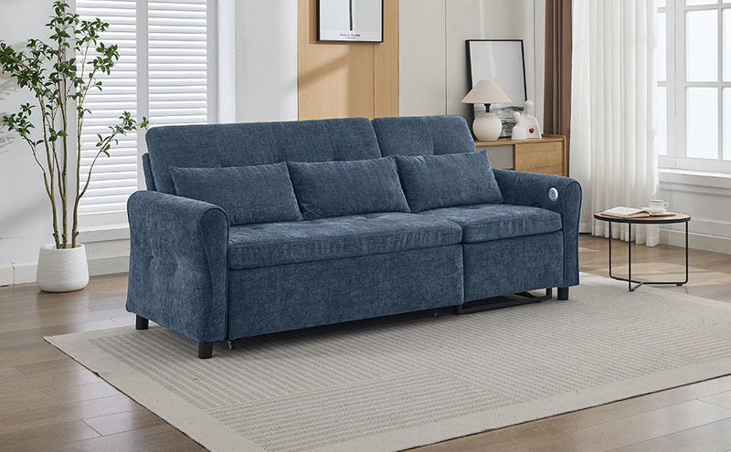2-in-1 Sofa 82' Three-seater Sofa with Sofa Bed and Reversible Recliner, Blue Chenille