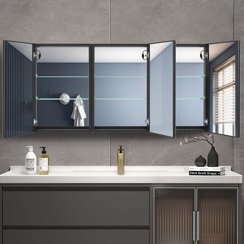 60x30 Inch LED Bathroom Medicine Cabinet Surface Mount Double Door Lighted Medicine Cabinet, Medicine Cabinets for Bathroom with Mirror Defogging, Dimmer Black