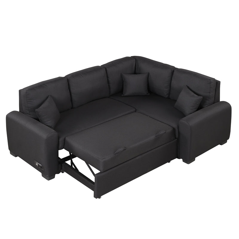 87.4"Sectional Sleeper Sofa with USB Charging Port and Plug Outlet,Pull-Out Sofa Bed with 3 Pillows, L-Shape Chaise for Living Room Small Apartment,Black