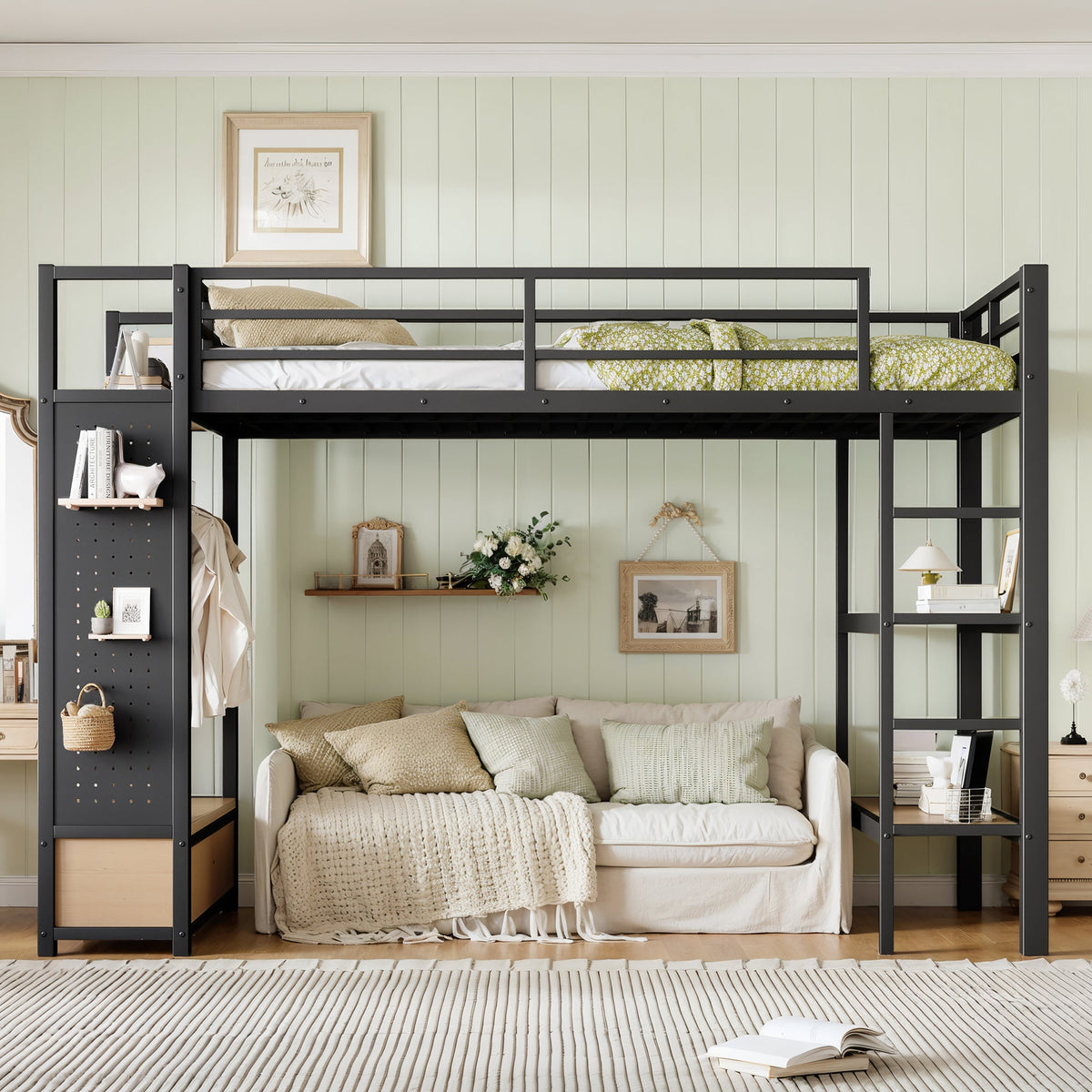 Twin XL Size Loft Bed Frame with Wardrobe and Shelves, photo 3 of 10