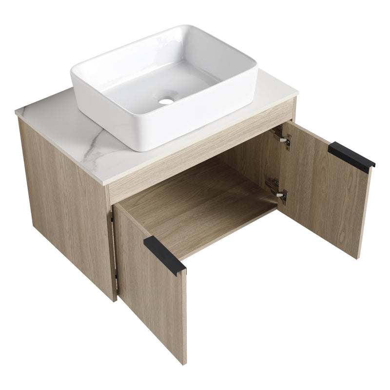 30" Modern Design Float Bathroom Vanity With Ceramic Basin Set, Wall Mounted White Oak Vanity With Soft Close Door, KD-PackingD-Packing Pieces