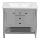 36" Bathroom Vanity with Ceramic Basin, Two Cabinets and Drawers, Open Shelf, Solid Wood Frame, Grey