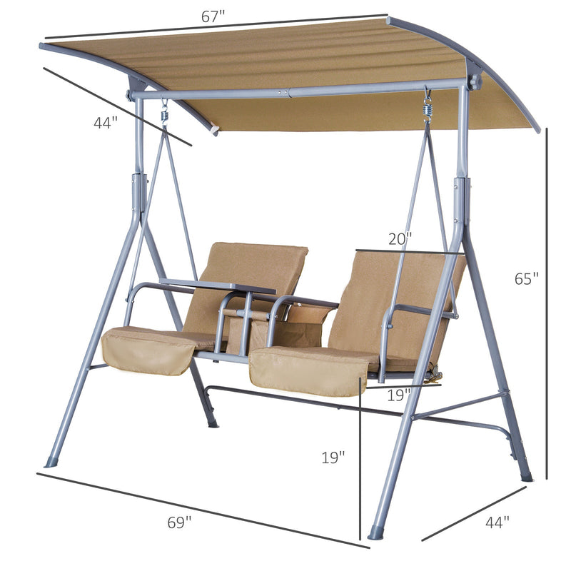 2 Person Porch Swing with Stand, Outdoor Swing with Canopy, Pivot Storage Table, 2 Cup Holders, Cushions for Patio, Backyard, Beige