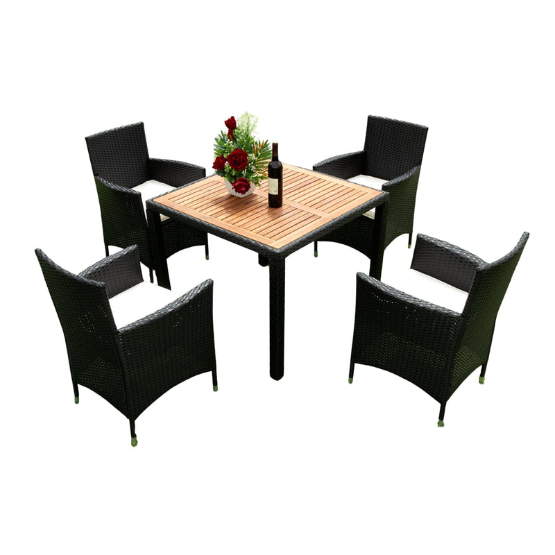 Walker Edison | 5 piece Outdoor Patio Wicker Dining Set Patio Wicker Furniture Dining Set w/Acacia Wood Top Black Wicker + Creme Cushion