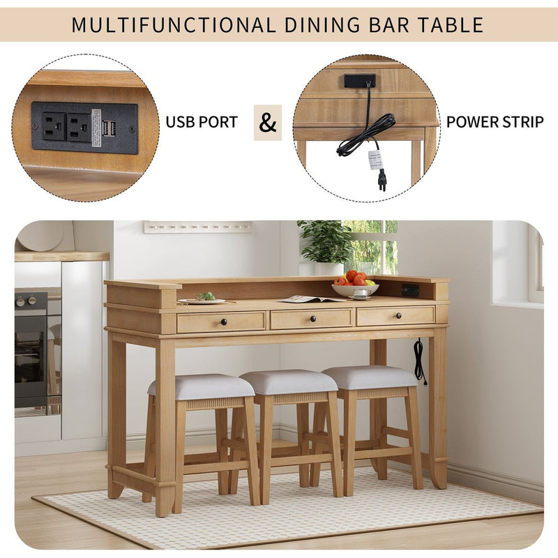 TREXM 4-Piece Dining Table Set for 3, Retro Kitchen Table and Chairs Set with 3 Storage Drawers, Ideal for Small Spaces (Natural)