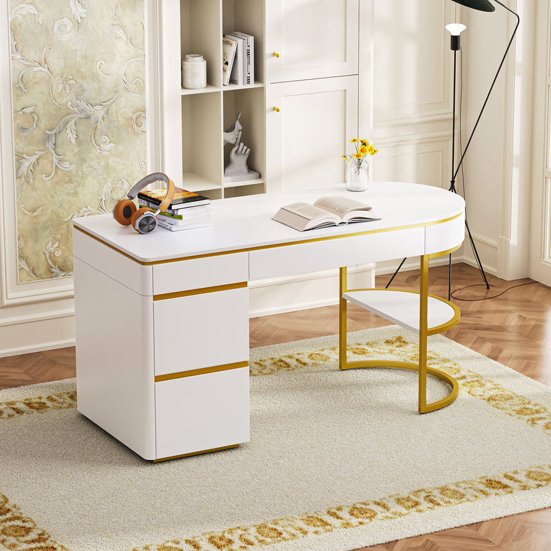60"Modern Executive Desk,White Curved Computer Desk with Gold Metal Legs,3-Drawers Home Office Desk,Writing Desk with 1 Storage Cabinet for Home Office,Living Room,Gold+White