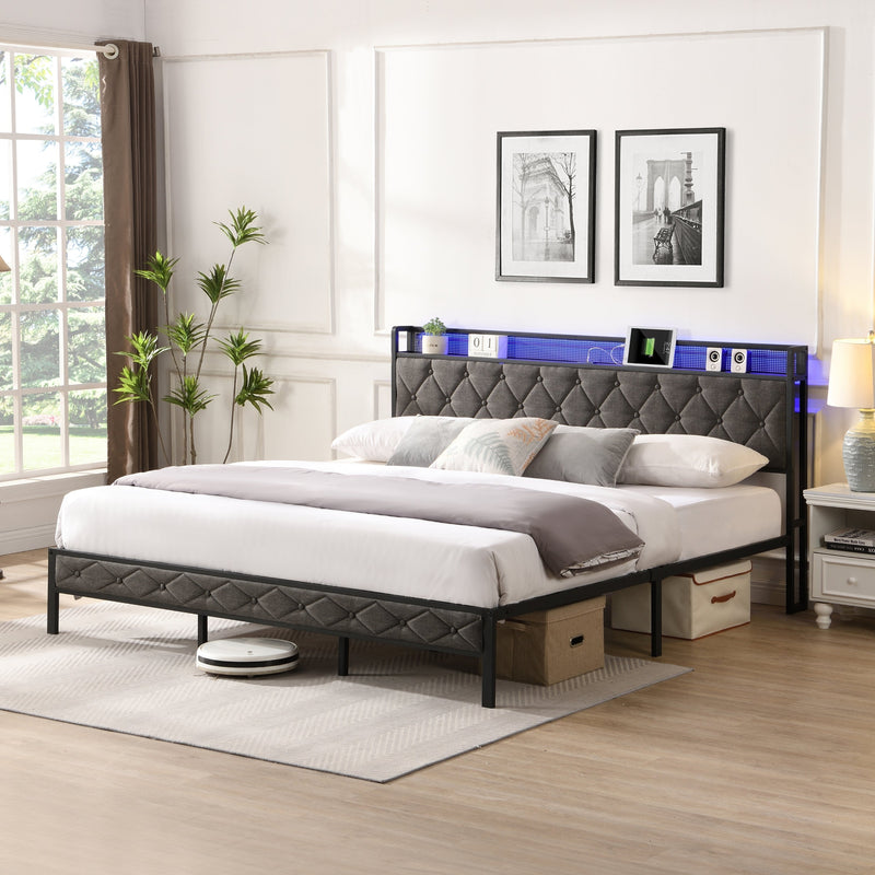 Walker Edison | Upholstered Storage Charging Station and LED Lights Bed