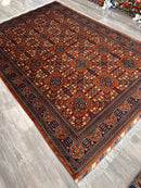 Hand-Knotted Afghani Bukharayi Rug | 6'7" x 10' Wool Area Carpet – Traditional Geometric Design