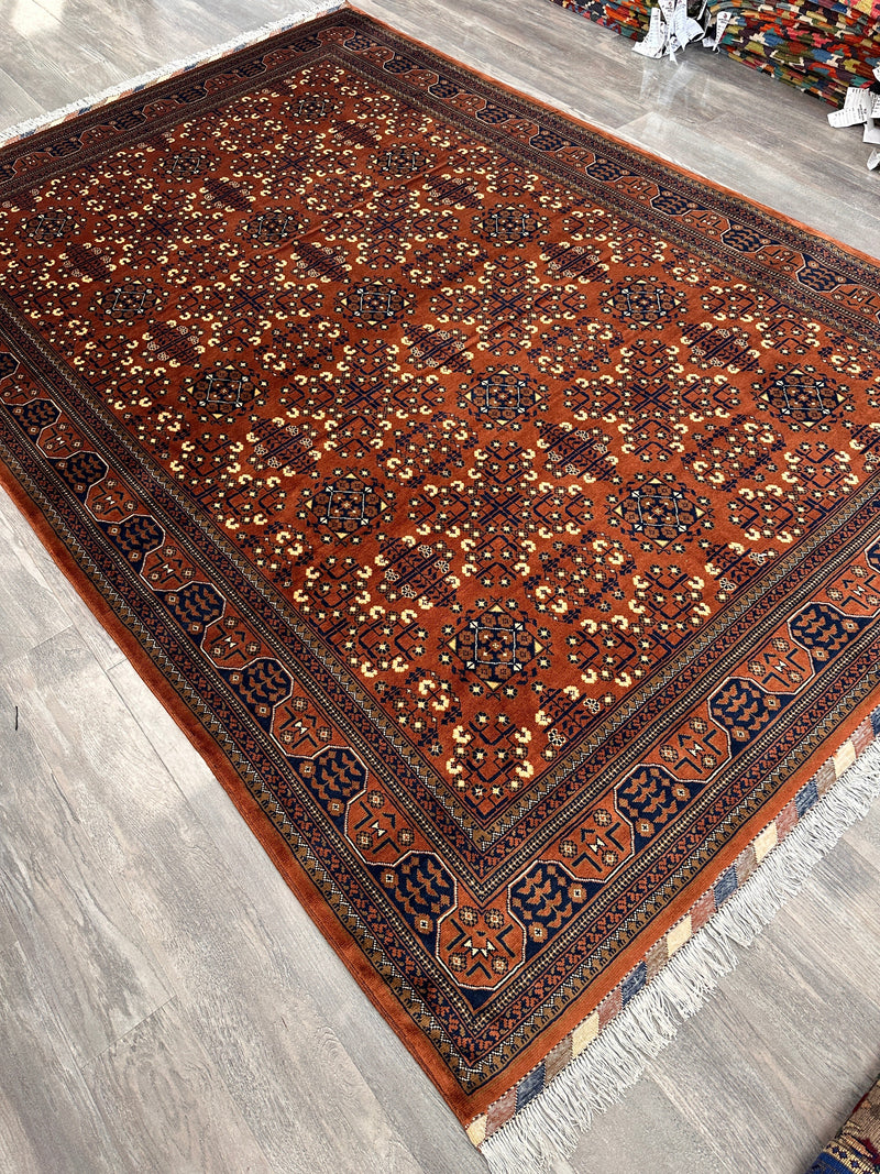 Hand-Knotted Afghani Bukharayi Rug | 6'7" x 10' Wool Area Carpet – Traditional Geometric Design