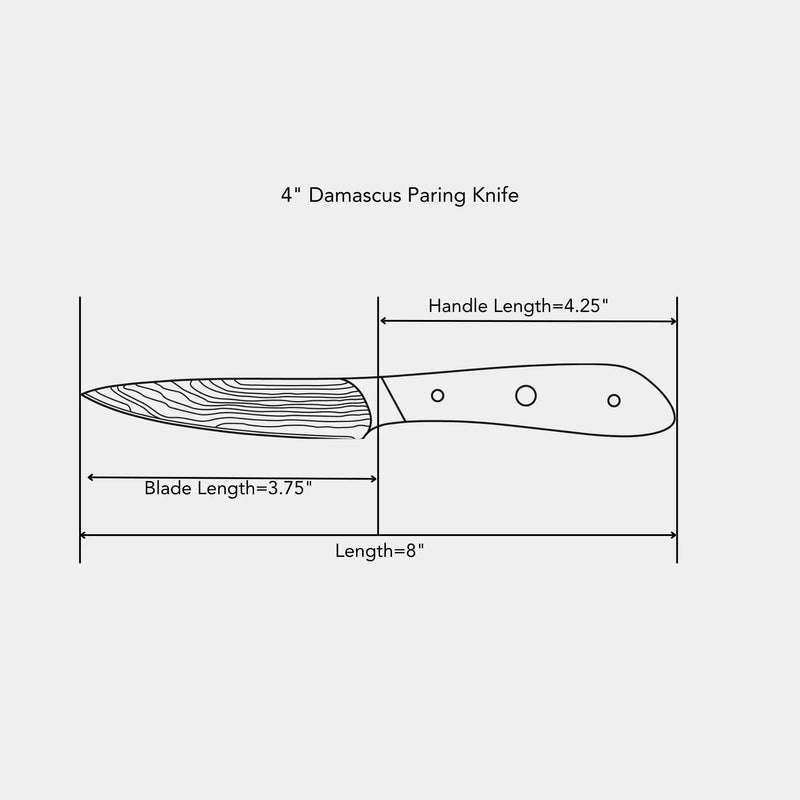 4" Damascus Paring Knife, dimensions drawing