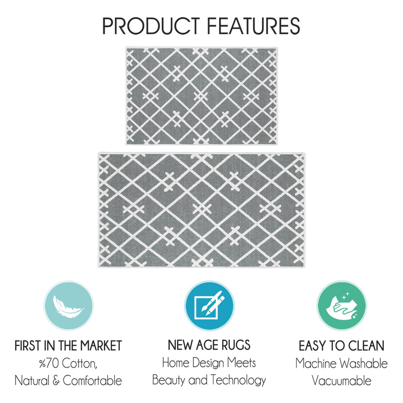 Geometric Design Non Skid Washable Kitchen Runner Rugs Set of 2| 44 x 24 and 31.5 x 20 Inches Floor Mats |Gray