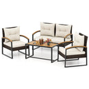 4 Pieces Patio Conversation Set with Acacia Wood Armrests and Tabletop and Cushions-White by LJGDeals