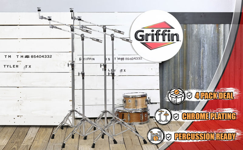 4 PACK Cymbal Boom Stands by GRIFFIN | Drum Kit Percussion Gear Chrome Hardware Set with Double Braced Tripod Legs | Drummers Counterweight Adapter for Mounting Heavy Duty Crash, Ride, Splash Cymbals