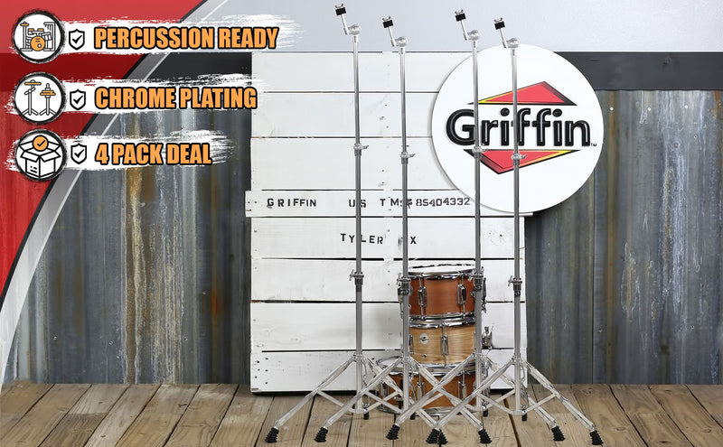 4 PACK - Straight Cymbal Stand Set by GRIFFIN | Double Braced Legs, Slip-Proof Gear Holder & Light-Duty for Mobile Drummers | Percussion Chrome Drum Hardware Kit for Mounting Crash & Splash Cymbals