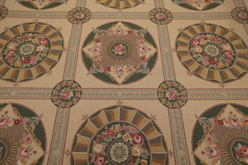9x12 Beige Hand Hooked 100% Wool Traditional French Aubusson Oriental Area Rug