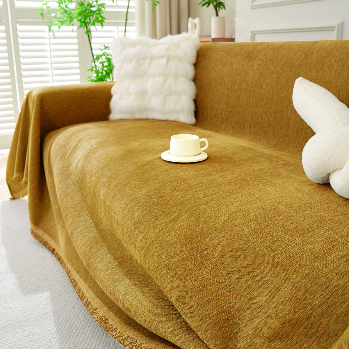 Solid Color Chenille Sofa Throw Blanket, Modern Decor Soft Couch Cover with Fringes, photo 11 of 42
